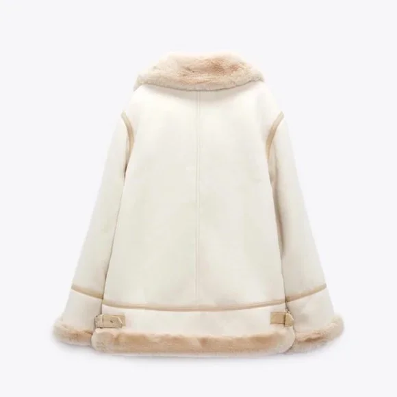 ZARA Women's Faux Suede Double Faced Long Jacket(Ecru, US L/EUR L) - Picture 10 of 16